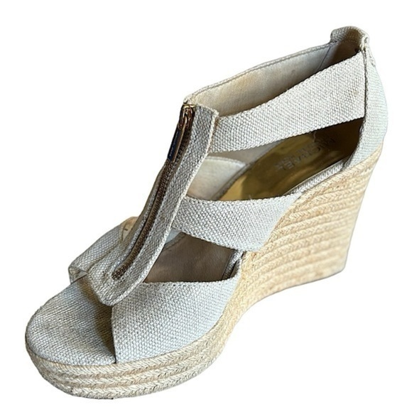Michael Kors Beige Platform Wedge Espadrille Sandals Size 10 Strappy Open Toe - Picture 1 of 12